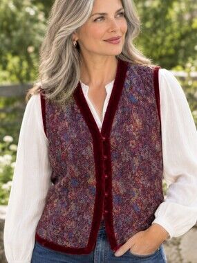 Isabella Bird Rich Red Floral Brocade Boho Velvet Trim Vest Size M